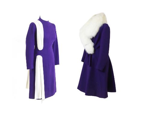 A Norman Hartnell dress and a handmade coat, c.1960s, comprising a purple wool midi dress with 3/4 length sleeves, zip back c