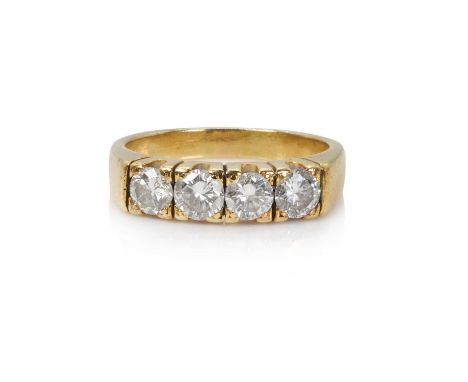A diamond four stone ring,  claw set with four brilliant cut diamonds, total estimated diamond weight 0.90ct, to a plain tape