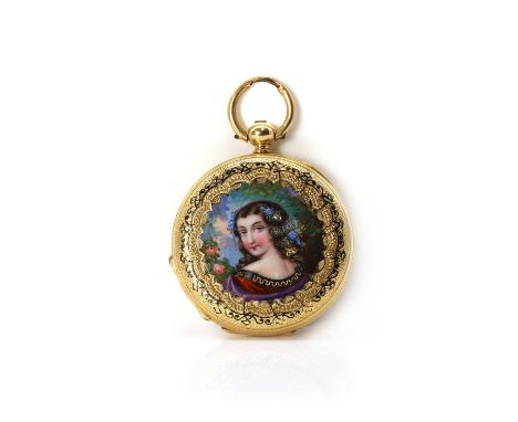 A Swiss key wound hunter style fob watch,  with a 30mm case. A white enamelled dial with blued spade hands and a polychrome e