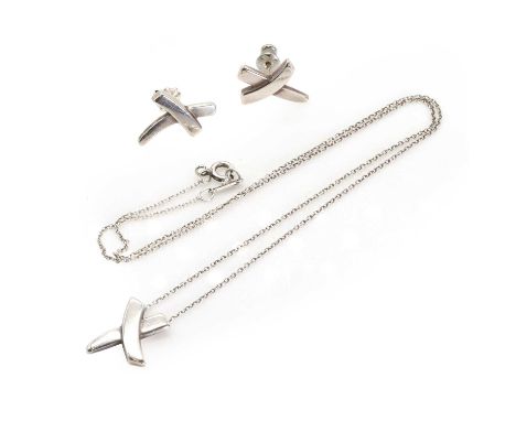 A silver X necklace and earring set by Paloma Picasso for Tiffany & Co., the X pendant suspended by a cable link chain, 430mm