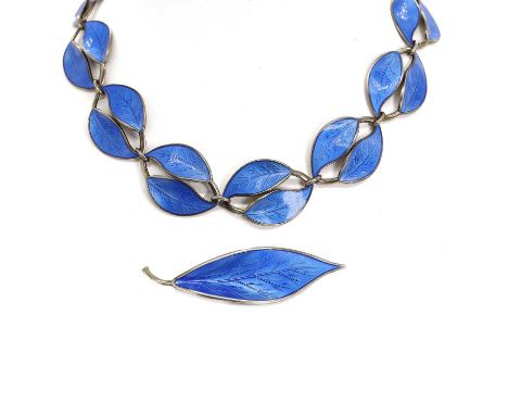 A silver gilt enamel necklace and brooch set, by David Andersen, the necklace with a row of silver gilt double leaf links, ea