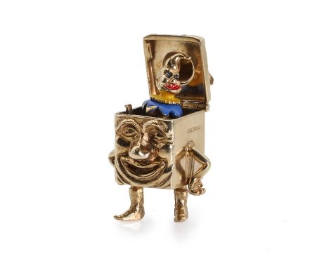A 9ct gold 'Jack in the Box' charm or pendant, with a hinged lid, London 1965. 11.58g, 26 x 21mmCondition ReportThe jump ring