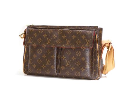 Louis Vuitton monogram canvas 'Viva Cite' bag with gold tone hardware, vachetta tan shoulder strap, two front slip pockets wi