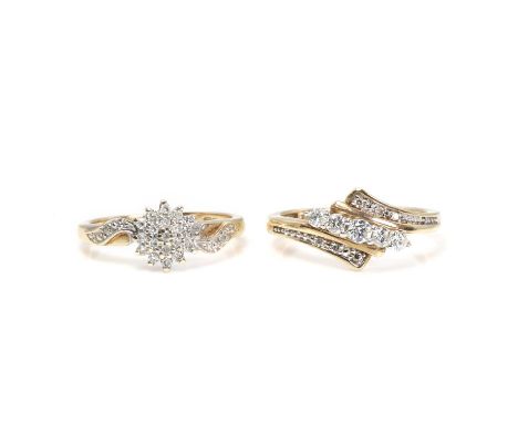 Two 9ct gold diamond set rings, a crossover diamond ring, with vari sized round brilliant cut diamonds, diamonds with a state