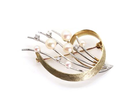 A German two-colour gold cultured pearl and diamond spray brooch, by Kellmar and Jourdan, c.1960, with a yellow flat section 