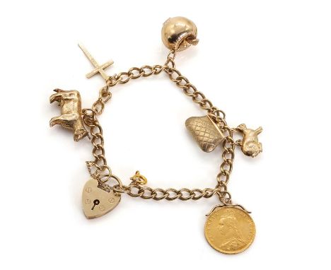 A 9ct gold charm bracelet, with solid curb links, to a heart shaped padlock with safety chain, inscribed 'S.F.E.H. 1985', 180