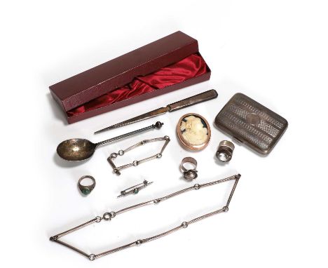 A collection of gold jewellery and silver, to include a shell cameo brooch, tested as approximately 9ct gold, a cigarette box
