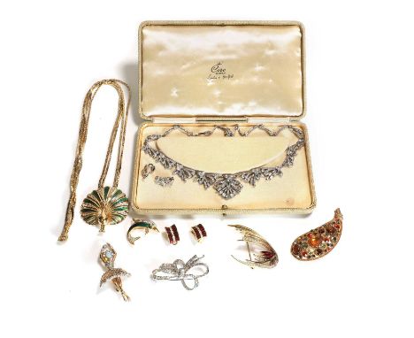 A collection of Mid 20th century and later costume jewellery, to include a gilt metal enamel and paste peacock necklace by Ch