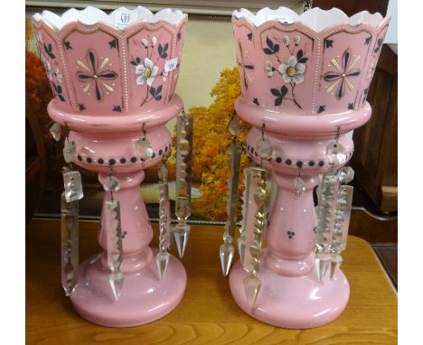 Pair of Victorian pink glass table lustres with enamel decoration, height 33cm.