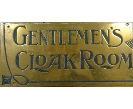 Three vintage brass signs, Gentleman's Cloakroom, Ladies Cloakroom and Managers Office (3)