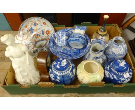 A Hanley's Worcester bottle vase, Chinese ginger jars, blue and white Spode chinaware and a small wood cased clock.