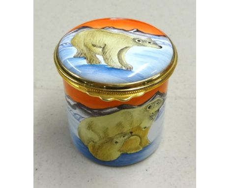 A Moorcroft enamel pill box and cover 2006 collectors club hand painted polar bears designed by Fiona Bakewell (the last to m