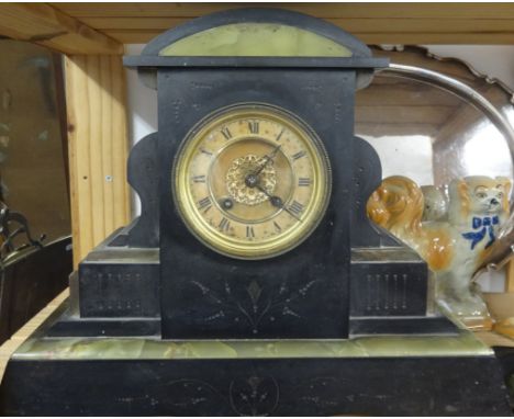 A large Victorian slate and green marble mantle clock with gilt dial and 8 day movement, height 35cm
