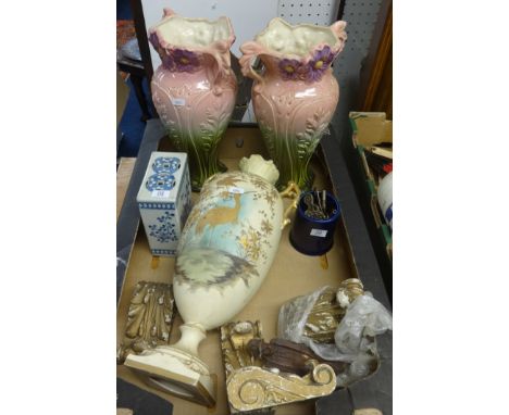 Assortment of objects including pottery vases, dolls heads, pair Victorian opaline glass vases, Crown Ducal, various metal wa