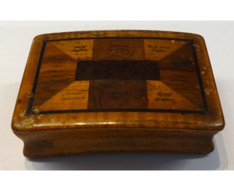 Interesting Prisoner of War snuff box with various small inscriptions detailing the woods, some indistinct, including oak of 