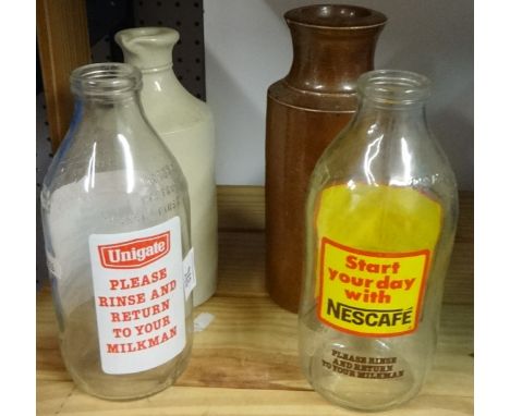 Various old collectables including Shell oil can, vintage milk bottles, vintage leather suitcase, stoneware bottles, garden s