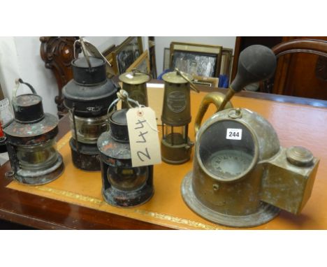 Binnacle compass, pair small corner lamps, storm lamp and a pair of Eccles lamps (7).