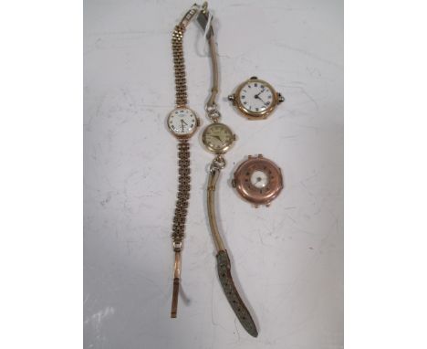 A lady's 9ct Rotary wristwatch, a 9ct cased wristwatch with cord strap and two other 9ct cased watch faces (4)  