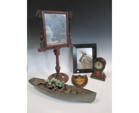 A 19th century mahogany shaving mirror, an Edwardian balloon head mantle clock, a College shield, a model of a lifeboat, jade