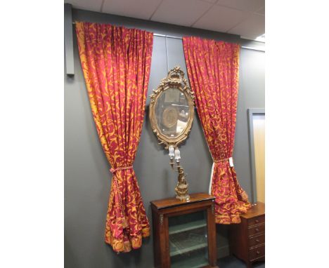A pair of heavy red and gold curtains with tie backs and matching pelmet 250cm long approximately 200cm wide  