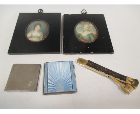 Two papier mache framed miniatures, an enamelled silver cigarette case, silver powder compact and a cigar cutter  