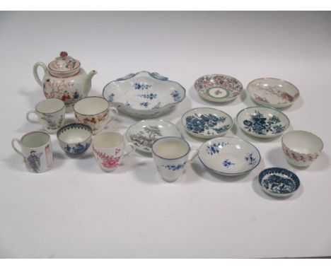 A group of English porcelain to include a Liverpool coffee can, Bow coffee can and a Liverpool saucer; a group of Worcester p