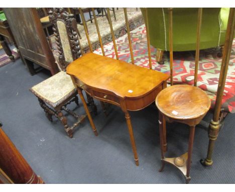 A Stuart style oak chair, mahogany torchere and a reproduction yew wood console table with two drawers (3)  