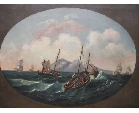 English School (late 18th-19th Century) Ships on stormy sea with fishermen wearing red turbans, in a painted feigned oval, oi