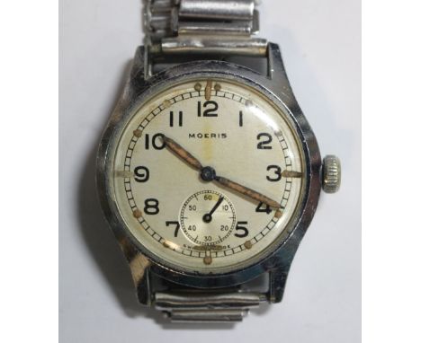 Moeris - a WWII British Army Contract Radio Operator's wristwatch, silvered dial with Arabic numerals, subsidiary seconds dia