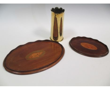 Two mahogany small trays inlaid with shells within wavy galleries together with a brass shell case (3)  