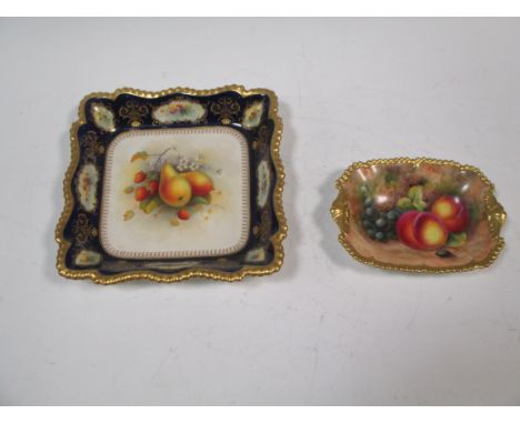 A Royal Worcester square plate, painted by A. Shuck with pears; A Royal Worcester shaped rectangular dish painted by Roberts 