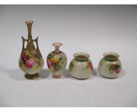 Four items of Royal Worcester floral decorated china, comprising, a two-handled vase, small ovoid vase and a pair of lobed sq