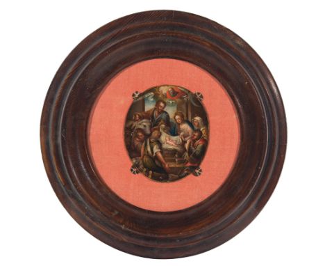 Colonial School. Mexico. 18th century."Adoration of the Shepherds"Friar's Badge. Oil on copper. 11 x 9,5 cm.This is a monk's 