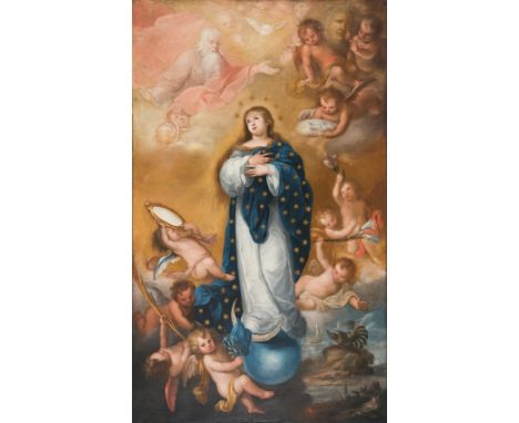 Miguel de Santiago (Quito, Ecuador, 1620 - 1706)"María Inmaculada Niña (asumpta al cielo)"Oil on canvas. 165 x 103 cm.Delicat