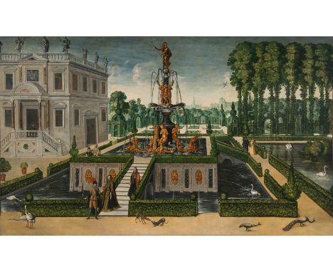 Juan de la Corte (Antwerp, circa 1585 - Madrid, 1662)"Garden and Neptune Fountain"Oil on canvas.153 x 251 cm.Born in Antwerp,
