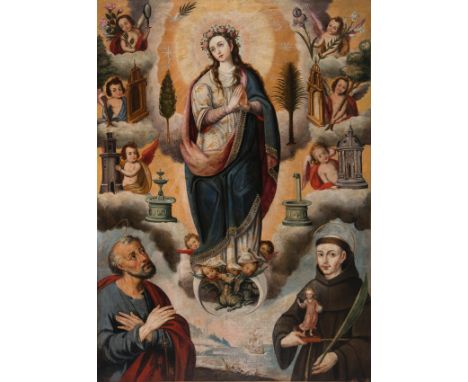 Colonial School. Peru. 18th century.“Our Lady Immaculate and Pure, with some of the Litanies of Loreto"Oil on canvas.179,5 x 