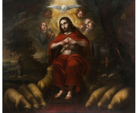 Francisco Martinez (Mexico, 1687 - 1758)"The Good Shepherd as the Mystical Lamb"Oil on canvas.133 x 157 cm.A beautiful and se