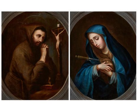 Miguel Cabrera (Antequera de Oaxaca, Mexico, 1695 - Mexico, 1768)"Our Lady of Sorrows" and "Saint Francis of Assisi"Pair of o