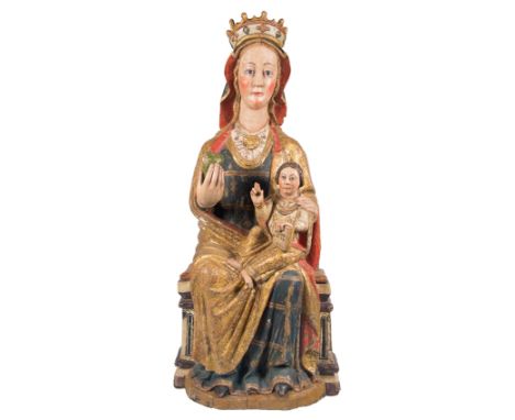 Spanish School. Gothic. Early 14th century."Seat of Wisdom (Sedes Sapientiae)"Carved, gilded and polychromed wooden sculpture