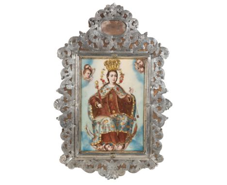Jose del Pozo (Seville, 1757 – Lima, Peru, circa 1830)"Our Lady of Mount Carmel"Oil on panel with silver and gilded silver ap