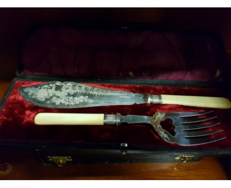 CASED SET OF CUT GLASS DISHES WITH SILVER AND MOTHER OF PEARL FORKS AND CASED ORNATE FISH KNIFE AND FORK