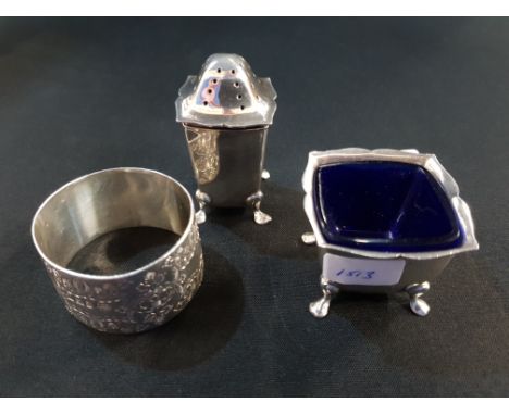 SILVER PEPPERETTE, SILVER SALT AND SILVER NAPKIN RING