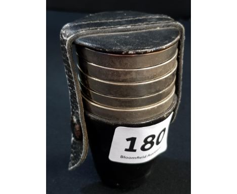 SET OF STIRRUP CUPS IN LEATHER CASE