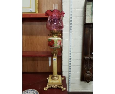 VICTORIAN MARBLE AND RUBY OIL LAMP 