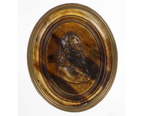 
	
		John Obrisset (active about 1705-27)- a 17th century pressed tortoiseshell portrait plaque of Charles I, now set on a pe