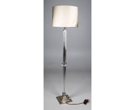 
	
		Chrome and glass standard lamp with shade, in the Art Deco manner, 150cms high to top of electrical fitting (as found)
	