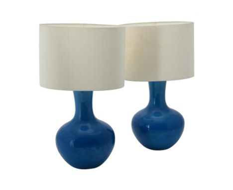 
	
		A pair of modern Chinese turquoise lamp bases with shades, each drilled through pseudo-character reign marks, vases 47cm