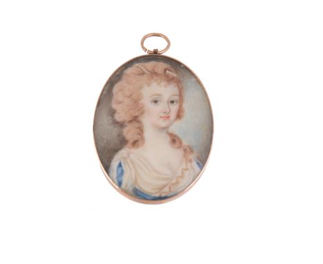 
	
		Y&nbsp;19th century Continental school- small portrait miniature on ivory of a woman, blue and white dress, image 4cms h