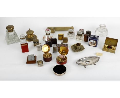 
	
		A collection of various antique and later inkwells and inkstands, including a Tiffany &amp; Co silver paperweight, engra