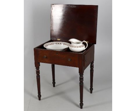 
	
		An early Victorian and later mahogany washstand, hinged lid above fitted interior, commode side drawer, 68.5cms wide, 74